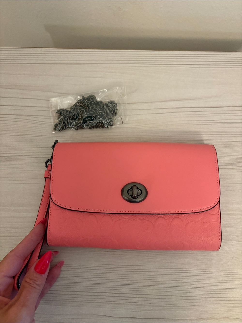 Coach Pink Leather Wristlet Shoulder Bag with Chain